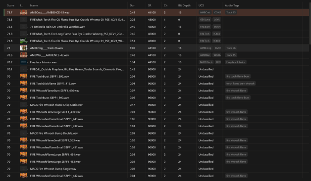 Sounds asset list with information columns